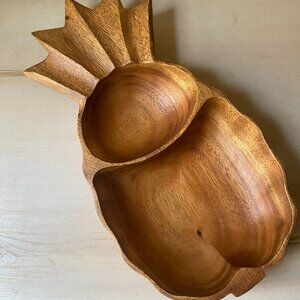 VTG Monkeypod Carved Wooden Pineapple Serving Bowl Tiki Chips Dip MCM Hawaii
